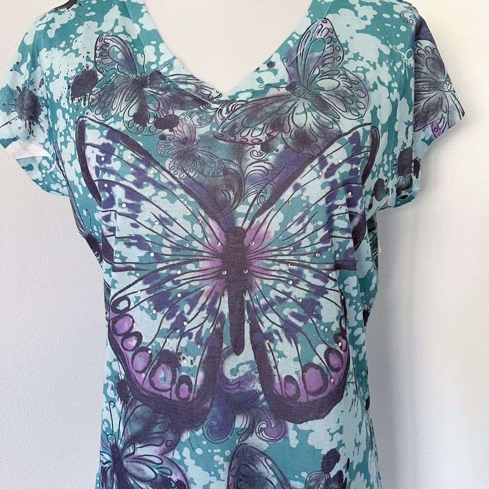 Y2K Sheer Butterfly Short Sleeve T-Shirt Womens Large V-Neck Burnout Colorful L - Picture 3 of 16